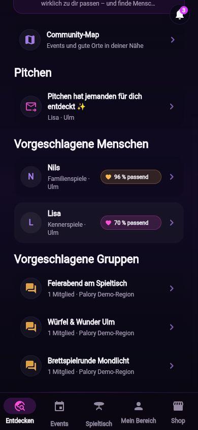 Palory Entdecken-Übersicht mit vorgeschlagenen Demo-Gruppen
